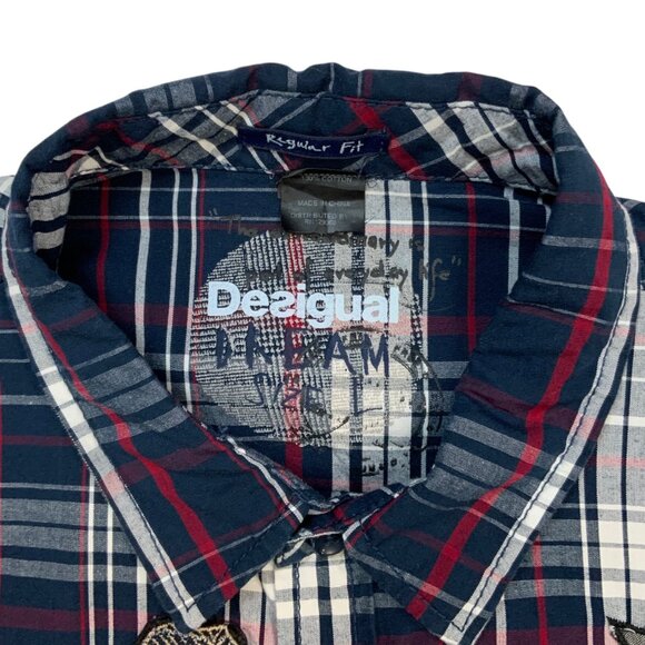Desigual Button Front Shirt L Blue Plaid Knit Long Sleeve Elbow Patch Graphics - Picture 3 of 11